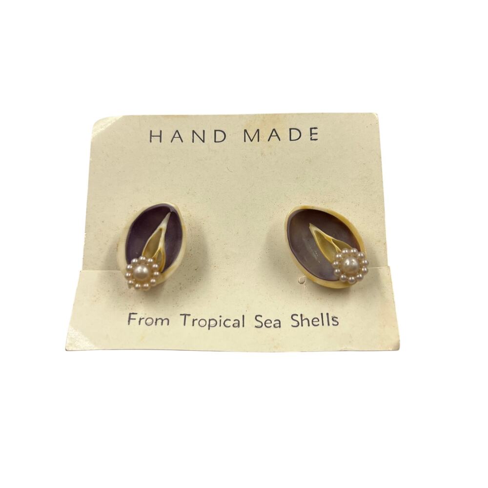 Vintage Handmade Tropical Sea Shell Earrings W Faux Pearls Clip On's NEW